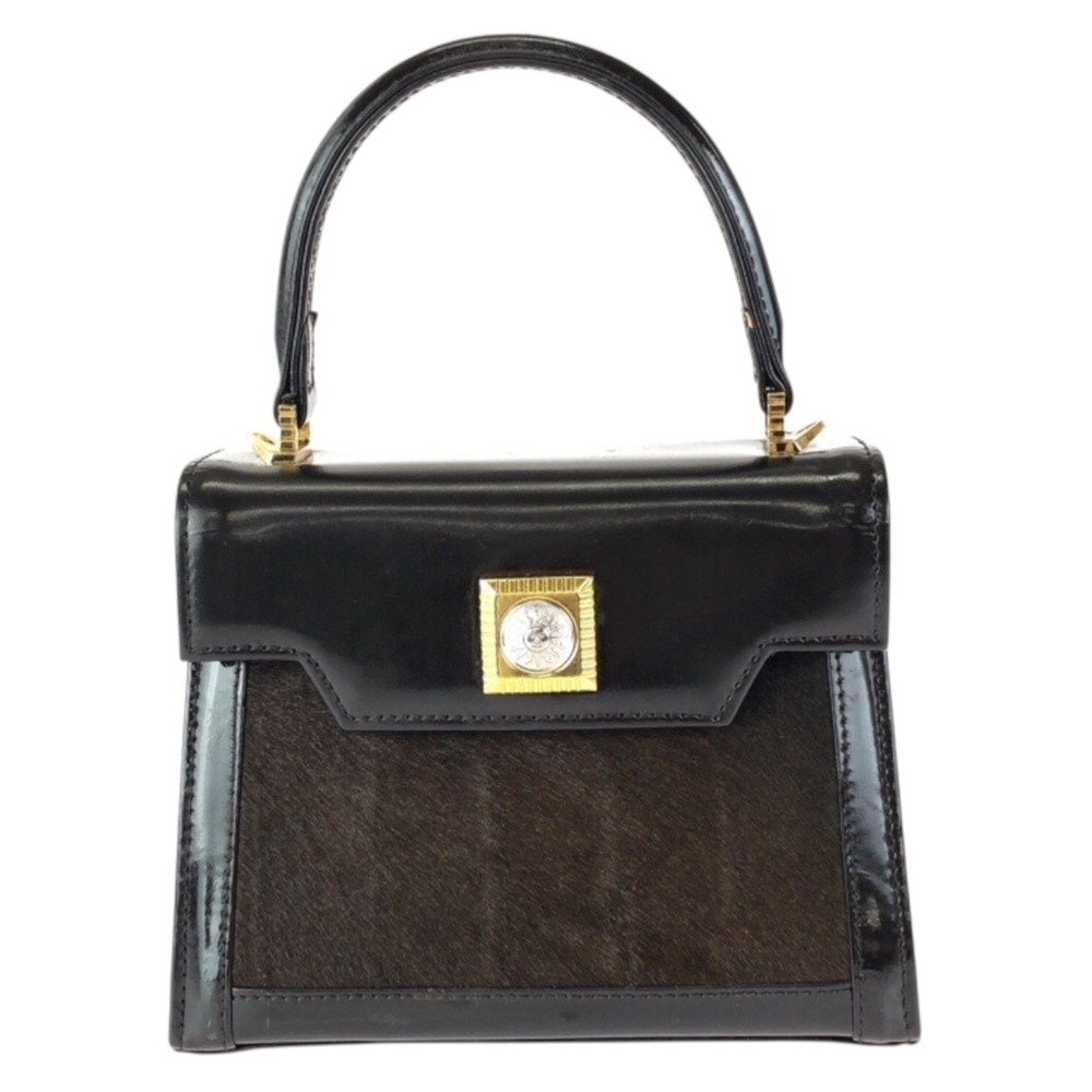 VERSACE Sunburst Pony Hair Dark Brown Gold Hardware Enamel Calf Handbag for W...